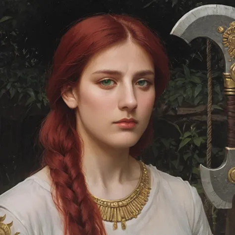 a close up of a woman with red hair and a sword