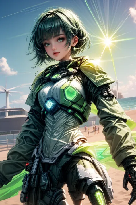 a woman in a futuristic outfit holding a gun on a beach