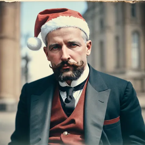 early 20th century, pastolypin, photo of a man with beard, santa hat, 8k uhd, dslr, soft lighting, high quality, film grain, Fujifilm XT3 <lora:pastolypin:0.75>