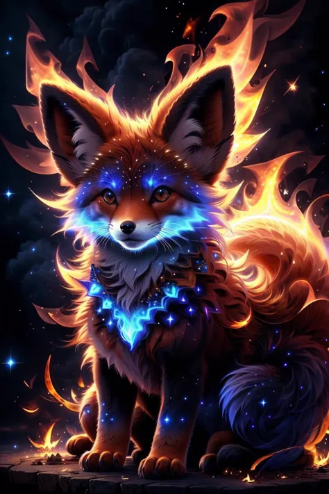 eldritchtech, cosmic, dark energy, <lora:CosmicEldritchTech:0.4>
BREAK  <lora:fairy:0.5> fire fox
BREAK on fire, blue fire, <lor...