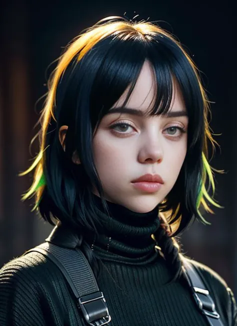 a woman with black hair and green hair wearing a black turtle neck sweater