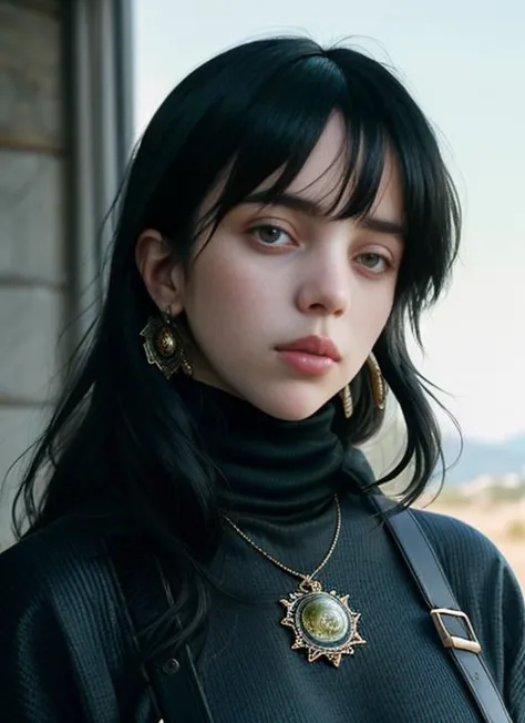 a woman with long black hair wearing a black turtle neck sweater