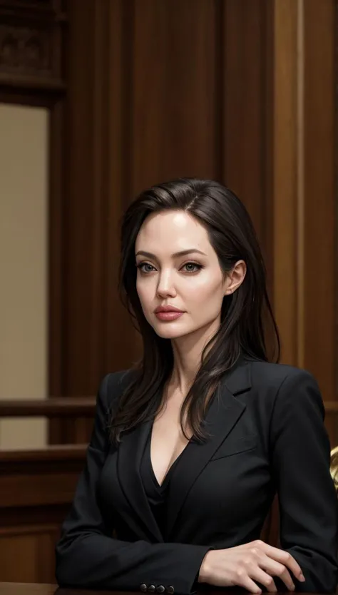 a woman in a black suit sitting at a table with a judge's gavel