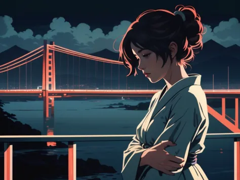 loneliness, affection, (masterpiece,best quality:1.5), Style of Ilya Kuvshinov,Ukiyo-E ( \Mikan Tsumiki (danganronpa)\, Crossed arms, Bridge,Stormy weather,Lush,The Island of Circe