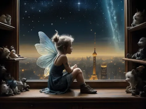 loneliness, affection, (masterpiece,best quality:1.5), Style of Jean-Baptiste Monge,rainbowpunk ( Fairy, Happy, China cabinet,Stars in the sky,Ultrarealistic,City