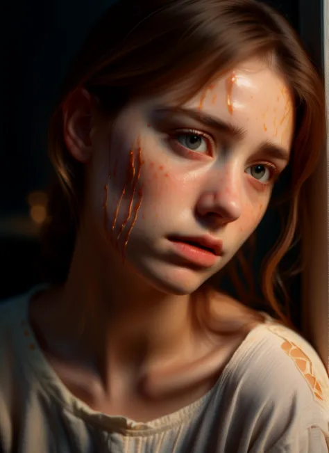 a close up of a young girl with blood on her face