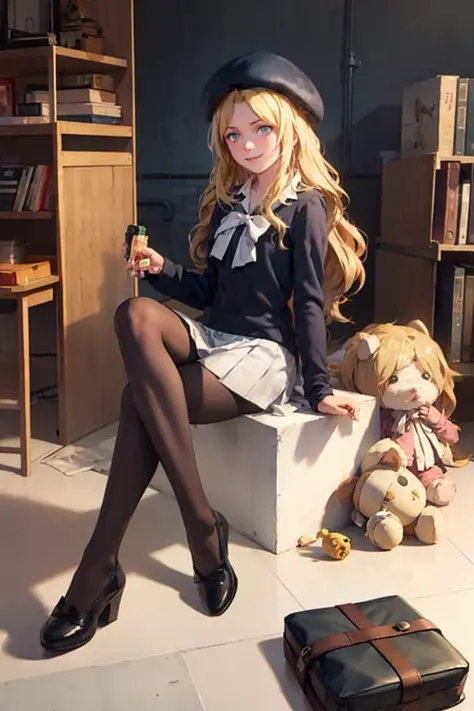 masterpiece, best quality,fren,blonde hair, pantyhose, hat, long hair, blue eyes, solo, sitting, skirt, crossed legs, stuffed to...