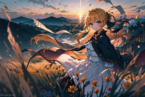 best quality, masterpiece, extremely detailed, detailed background, 1girl, solo, yellow hair, blue eyes, braid, long hair, wavy hair, fluffy hair, ponytail, french braid, blush, smile, capelet, lace trim, bodice, sunset, dusk, scenery, high place, horizon, wind, wind blow, flowerbed, looking at viewer, depth of field, bokeh
