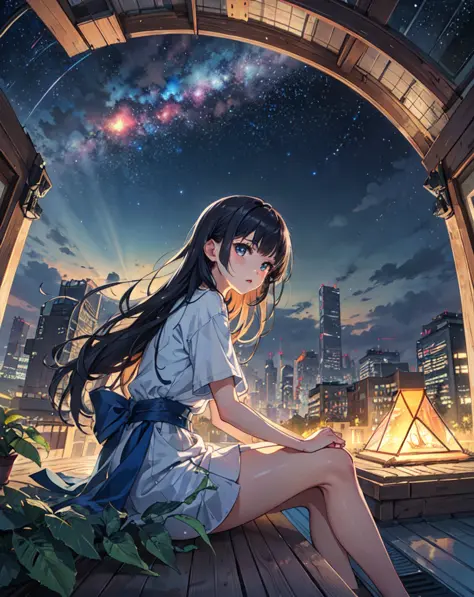 melhor qualidade, obra de arte, extremamente detalhado, fundo detalhado, anime, 1 garota, jovem, garota baixa, sci-fi, ficção científica, ao ar livre, noite, céu estrelado, estufa, megaestrutura, bio-cúpula, paisagem, cenário, horizon, telhado, sitting on telhado, Vento, Desviando o olhar, iluminação atmosférica, Foco apenas, fechar-se, de lado, profundidade de campo, Bokeh