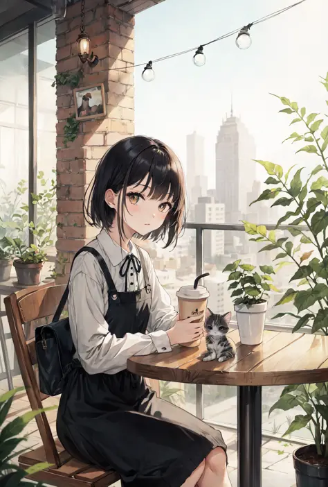 musicvideostyle, colorss, 1girl, bag, bangs, blurry, cafe, drinking coffee, sitting at a table, masterpiece, crowd, plants, (cut...