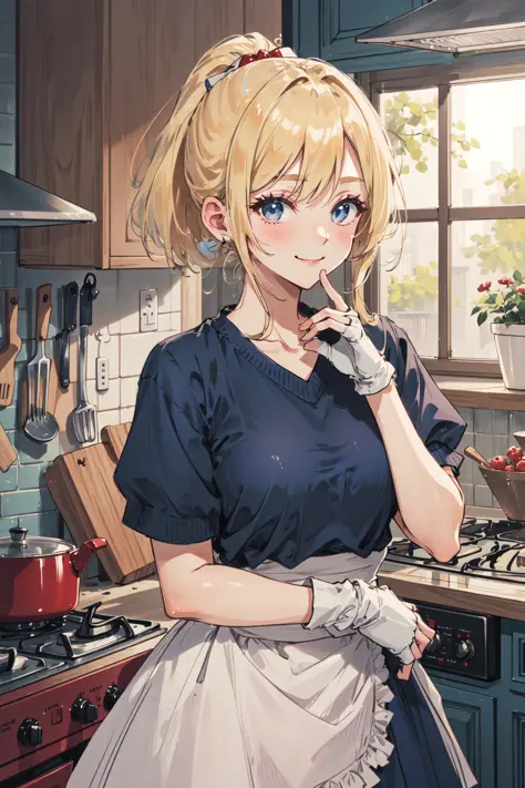 (masterpiece, best quality:1.2), <lora:bs_piper-10:0.8>, cowboy shot, solo, 1girl, piper, smile, looking at viewer, (hand on own cheek:1.2), blonde hair, ponytail, blue dress, puffy short sleeves, fingerless gloves, kitchen