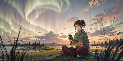 absurdres, highres, best quality, 1girl, outdoors, reading, clouds, grass, tree, sunset, aurora, solo, indian style,