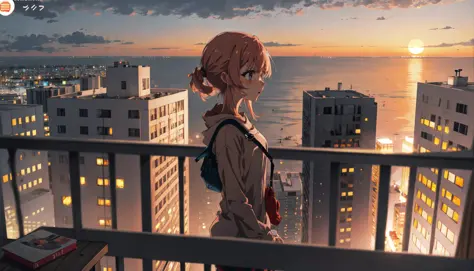 (1girl), anime screencap, dim, florida, sunset, hotel room, balcony,