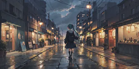 masterpiece, extremely detailed, best quality, (detailed background), 1girl, (solo), BREAK (facing viewer, visible face, face, looking at viewer), (hatsune miku), building, city, cityscape, cloud, cloudy sky, grey sky, outdoors, tree, rain, scenery, sky, (solo), dim, (night), BREAK walking towards viewer, street light, wet, sidewalk, sad, twintails