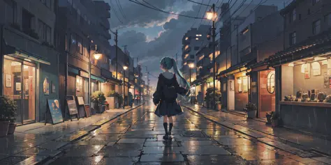 Meisterwerk, Extrem detailliert, beste Qualität, (detaillierter Hintergrund), 1 Mädchen, (Allein), brechen (Blick auf den Betrachter, visible Gesicht, Gesicht, Betrachter betrachten), (hatsune miku), Gebäude, Stadt, Stadtscape, Wolke, Wolkey Himmel, grey Himmel, draußen, Baum, Regen, Landschaft, Himmel, (Allein), dunkel, (Nacht), brechen walking towards viewer, sBaumt light, wet, Bürgersteig, traurig, Zwillingsschwänze