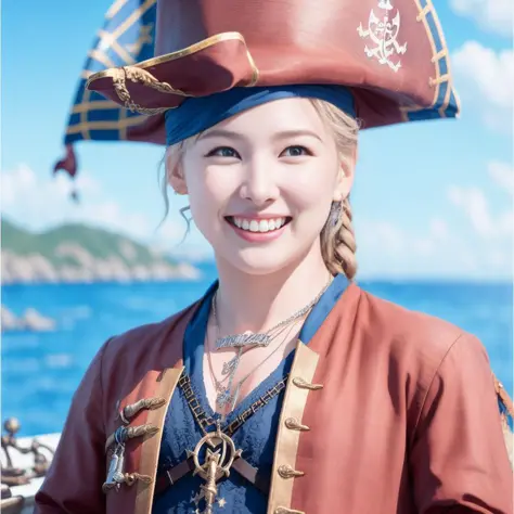 Nayeonnine wearing a pirate outfit on a boat in the open sea, beautiful background, high detail face, smiling, beautiful face, high detail, realism, super realism, high quality, realistic portrait, highly detailed, digital painting, artstation, concept art...