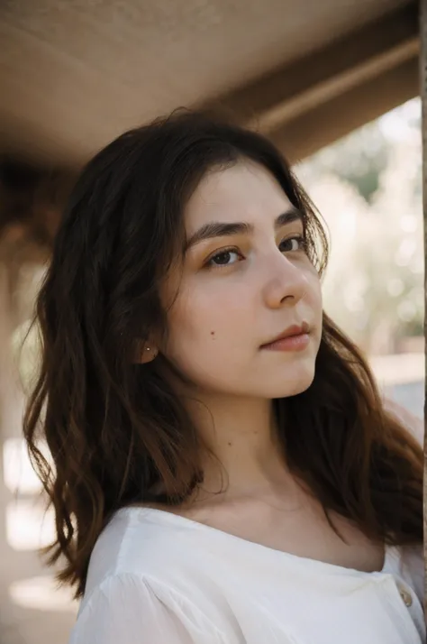 a close up of a woman with long hair leaning against a wall