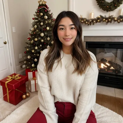 araffe woman sitting on a rug in front of a christmas tree