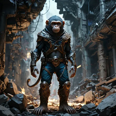 a close up of a monkey in a suit of armor standing in a ruined city