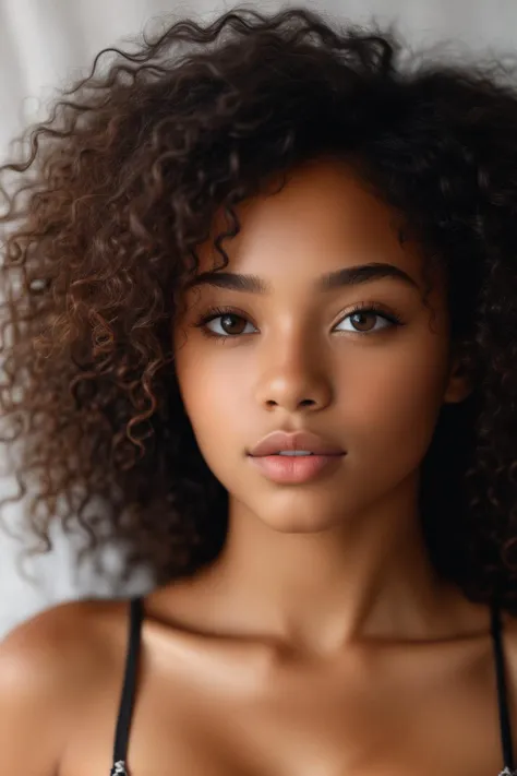 (close:1.3) photo of beautiful black girl, with curly long hair, small breasts, detailed skin, photo of torso and head, soft lig...