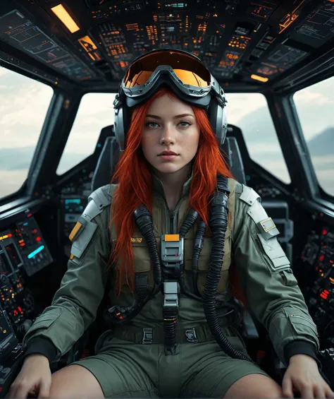 concept art, cinema, young female, futuristic, fighter pilot, cinematic, movie still, hyperdetailed photography, saturn, HUD, fa...