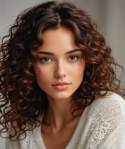 (close:1.3) photo of beautiful brunette lady in a white sweater with curly long hair, detailed skin, photo of shoulders and head, soft light, cozy, (closeup:1.1)