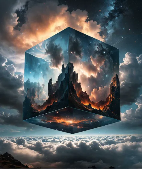 a picture of a cube with a sky and clouds in the background