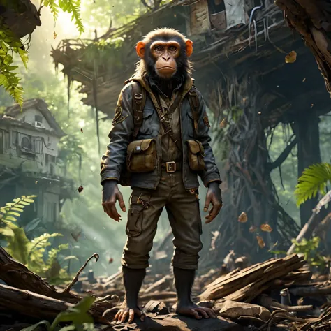 monkeys (world-breaker outfit:1.3) A place infested with bugs and worms with decaying woods, harsh overhead sunlight (off-center full body photograph:1.2) detailed background depth of field <lora:detailed_notrigger:1>