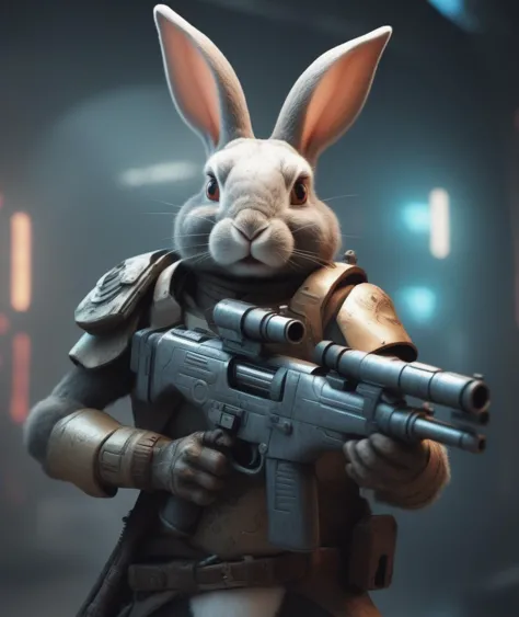 a rabbit with a gun in its hand and a suit on