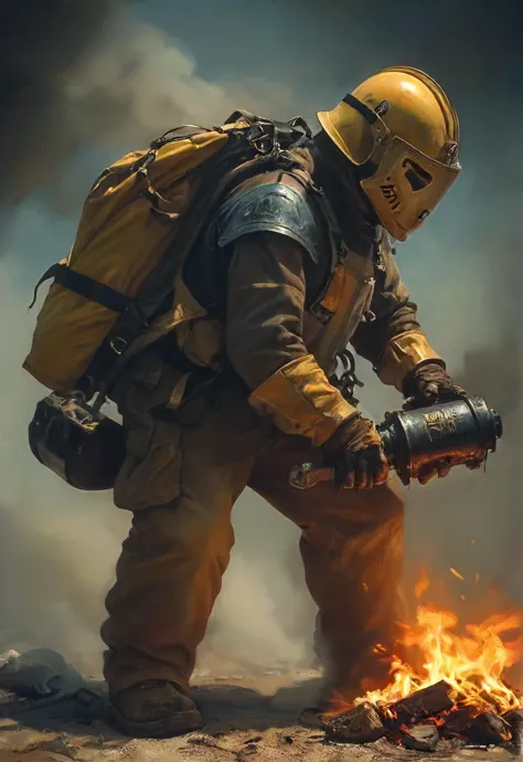 a close up of a person in a fire suit with a backpack on