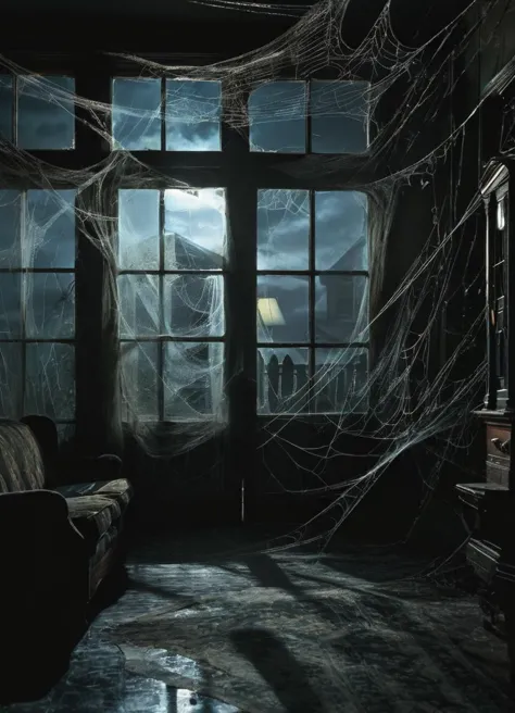 old house at night, living room, moonlight coming in from the windows, spiderweb covering the doors and windows
 <lora:spiderweb:0.8>