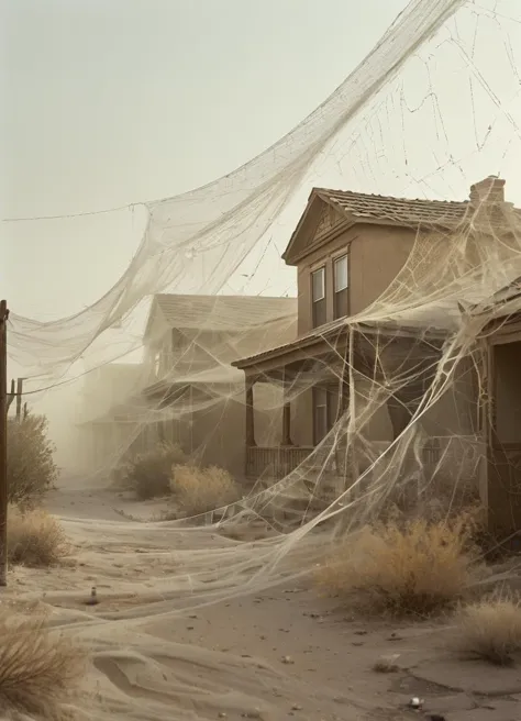 a few houses in the desert, fully covered in spiderweb , spiders crawling in the streets,
 <lora:spiderweb:0.8>