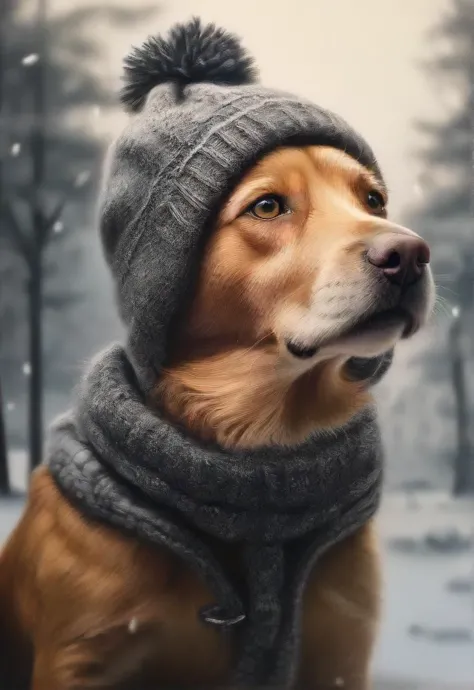 detailed drawing, a dog on a cold winter morning wearing a beanie, snow