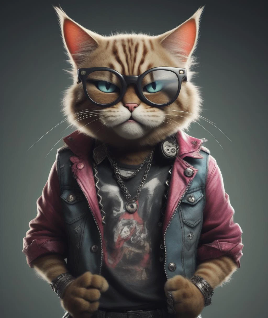 anthropomorphe wütende Katze mit Brille und Punk-Kleidung