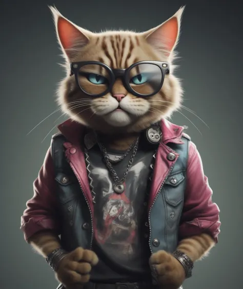 anthropomorphic angry cat with glasses and punk clothes