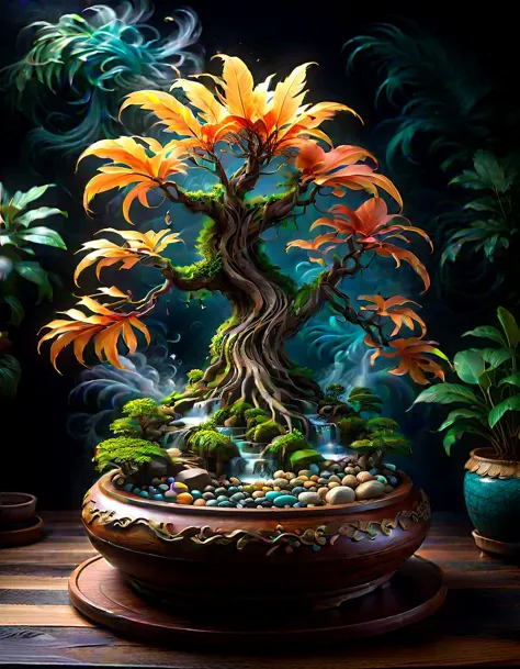 pure black background, product shot, extreme closeup, (bonsai tree feathers in teak carved pot:1.2), engulfed in haze, 8k, hdr, extremely detailed, dark moody, pebble stones on wood table, vibrant colors,