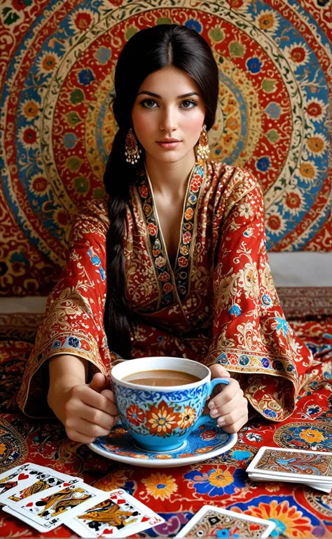 suzani style, central asian embroidery, floral, colorful, patterned a radiant aura emanates from a serene figure seated amidst a swirling vortex of playing cards and coffee cups, as if their very essence has been infused with the warmth and comfort of the surrounding environment, causing the air to vibrate with a soft, golden glow that seems to pulse in harmony with their peaceful demeanor.