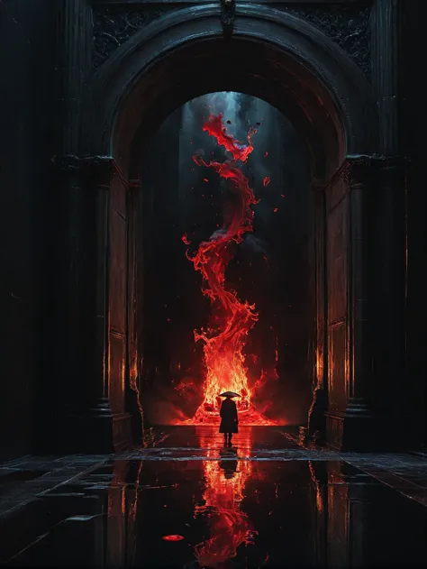 a person standing in a dark room with a fire in the background