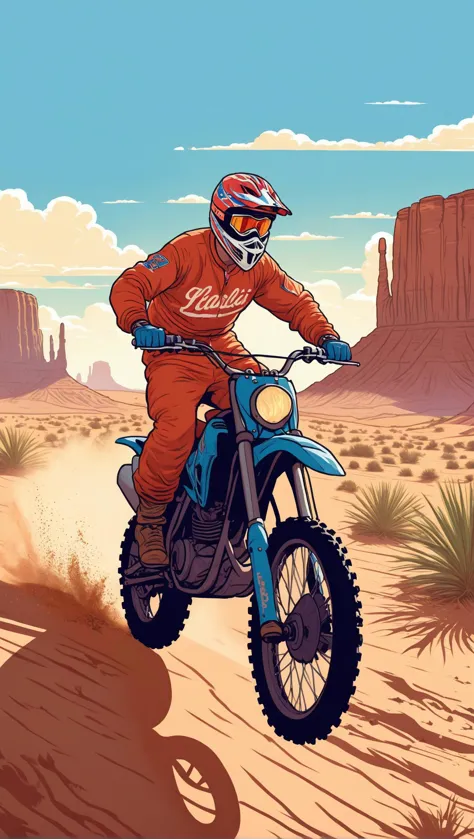 cartoon dirt bike rider in desert with desert landscape in background