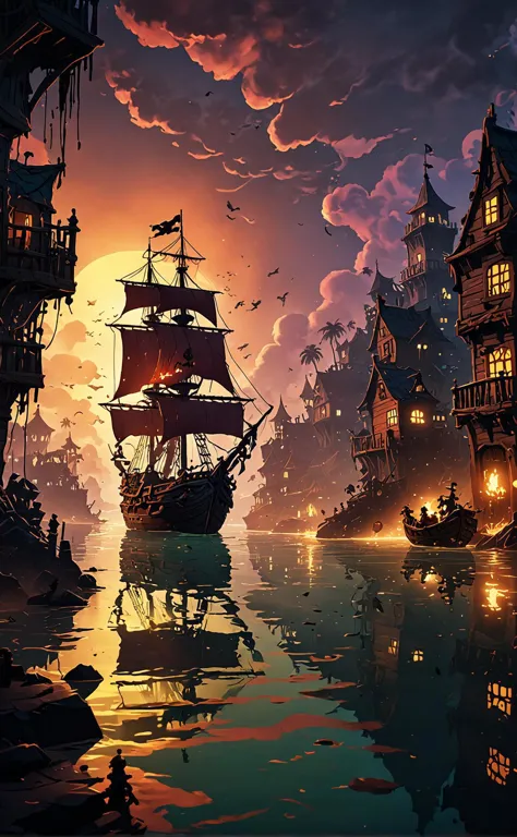 sea of thieves video game style, stylized realism, vibrant colors, pirate themed, cartoon like "a tormented cityscape at dusk, perpetually shrouded in a funereal haze, weeps tears of rain into a stagnant lake, its mirror like surface reflecting the twisted, charred remains of a once great metropolis, as if the very soul of the place had been extinguished by the weight of forgotten dreams."