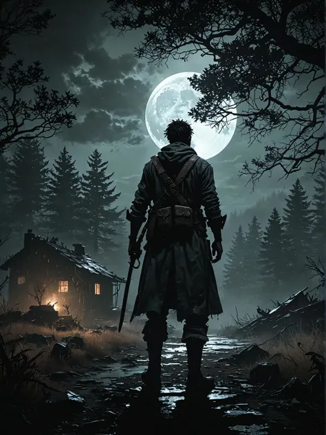 a man standing in the woods with a knife and a full moon