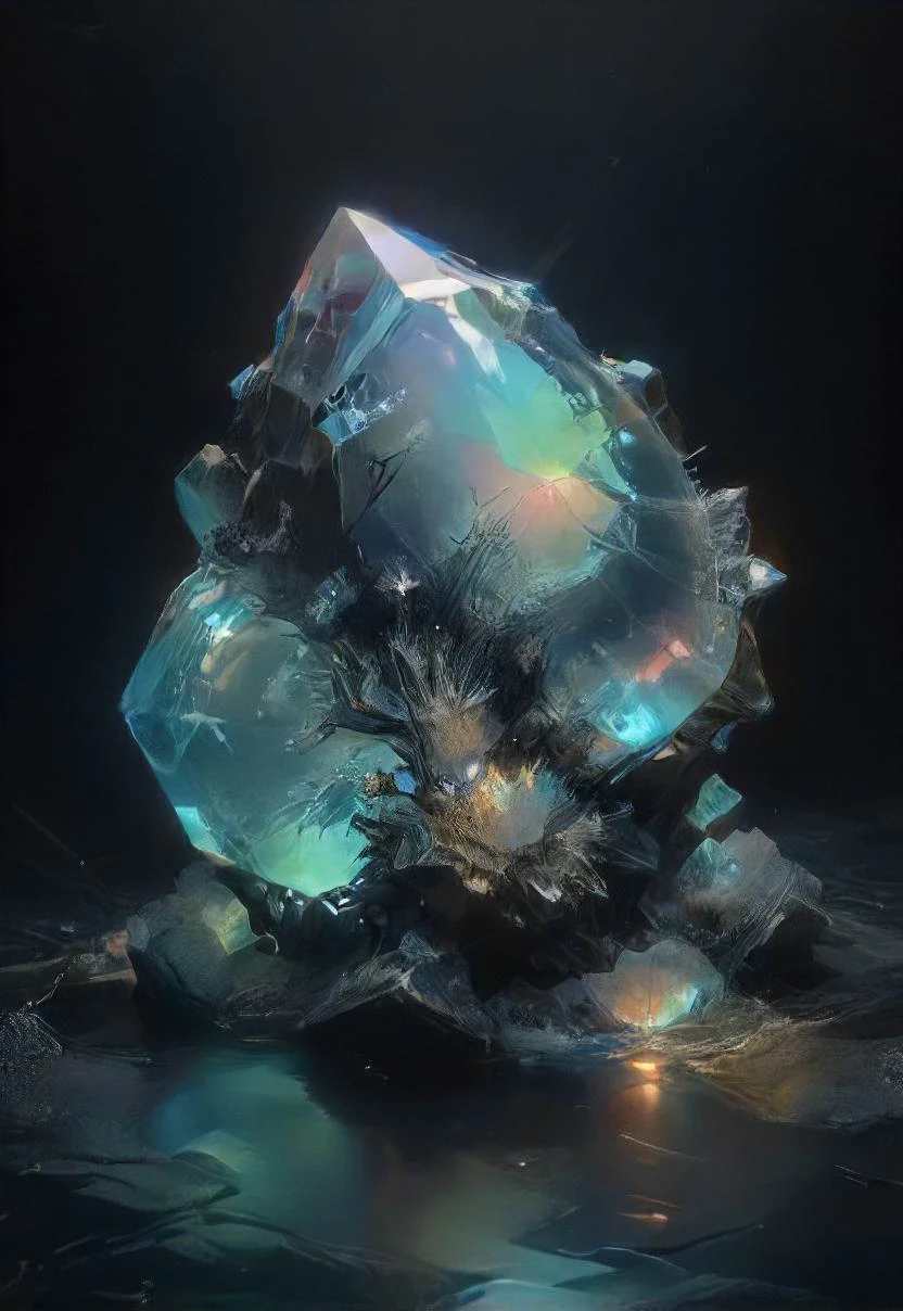 a glowing holographic diamond on a pure dark liquid ocean, wreck, cracked, shadows, black ocean, night, translucent, 
