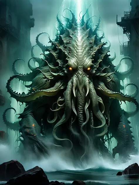 most detailed image of a very high quality masterpiece, glossy surface, vibrant colors, complex composition, volumetric lighting, exquisite detailed features, photorealistic, absurdres, l30_1, cthulu, deep ocean, dark water, giant god monster, size difference,  nijijourney 1nksk3tch, sketch swirling mist, light source,