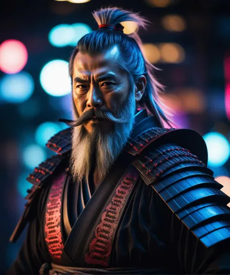 old samurai in the future, long gray detailed beard, samurai suit, neon light, cinematic, detailed skin, dynamic photo, bokeh, (...