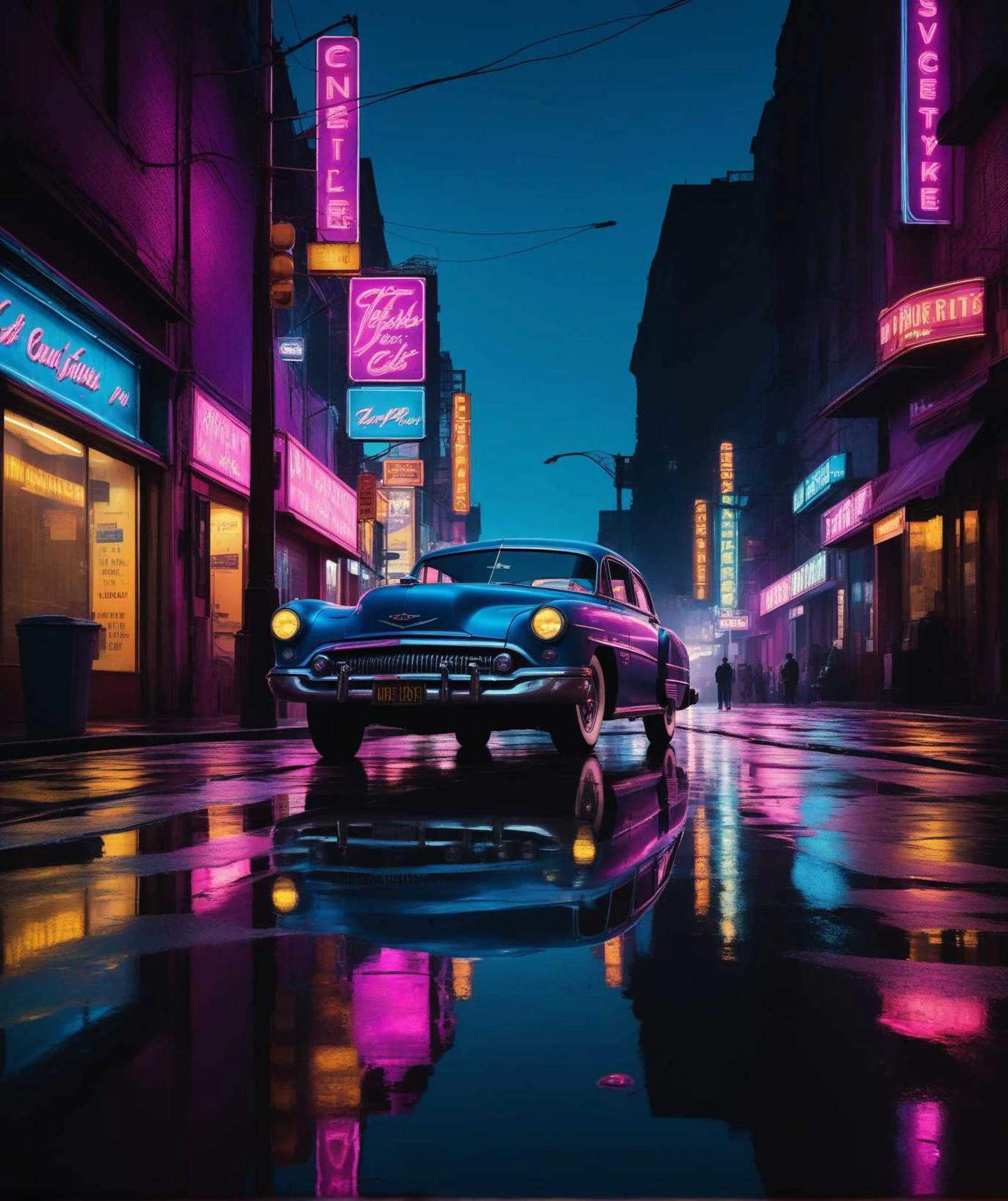 Scenecore-Ästhetik Das Bild zeigt eine Szene, die an einen klassischen Film Noir erinnert. ein Oldtimer, in Blau- und Rosatönen bemalt, is parked on the side of a bustling city street lined with Neon signs that glow in various colors. Das Stadtbild ist mit hoch aufragenden Gebäuden geschmückt, die in einen dunkelvioletten Himmel ragen. Straßenlaternen werfen ihr gelbliches Licht auf den nassen Bürgersteig darunter, reflektiert von der glänzenden Oberfläche des Autos. inmitten dieser urbanen Landschaft, Man sieht, wie die Leute ihren Geschäften nachgehen, der Szene Leben verleihen. trotz der lebhaften Atmosphäre, Es herrscht ein Gefühl von Geheimnis und Intrige, ähnlich wie das Genre des Film Noir vermuten lässt. . Alternative, Neon, emo, sehr detailliert