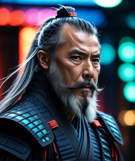 old samurai in the future, long gray beard, samurai suit, neon light, cinematic, dynamic photo, dramatic photo, bokeh, (closeup:...