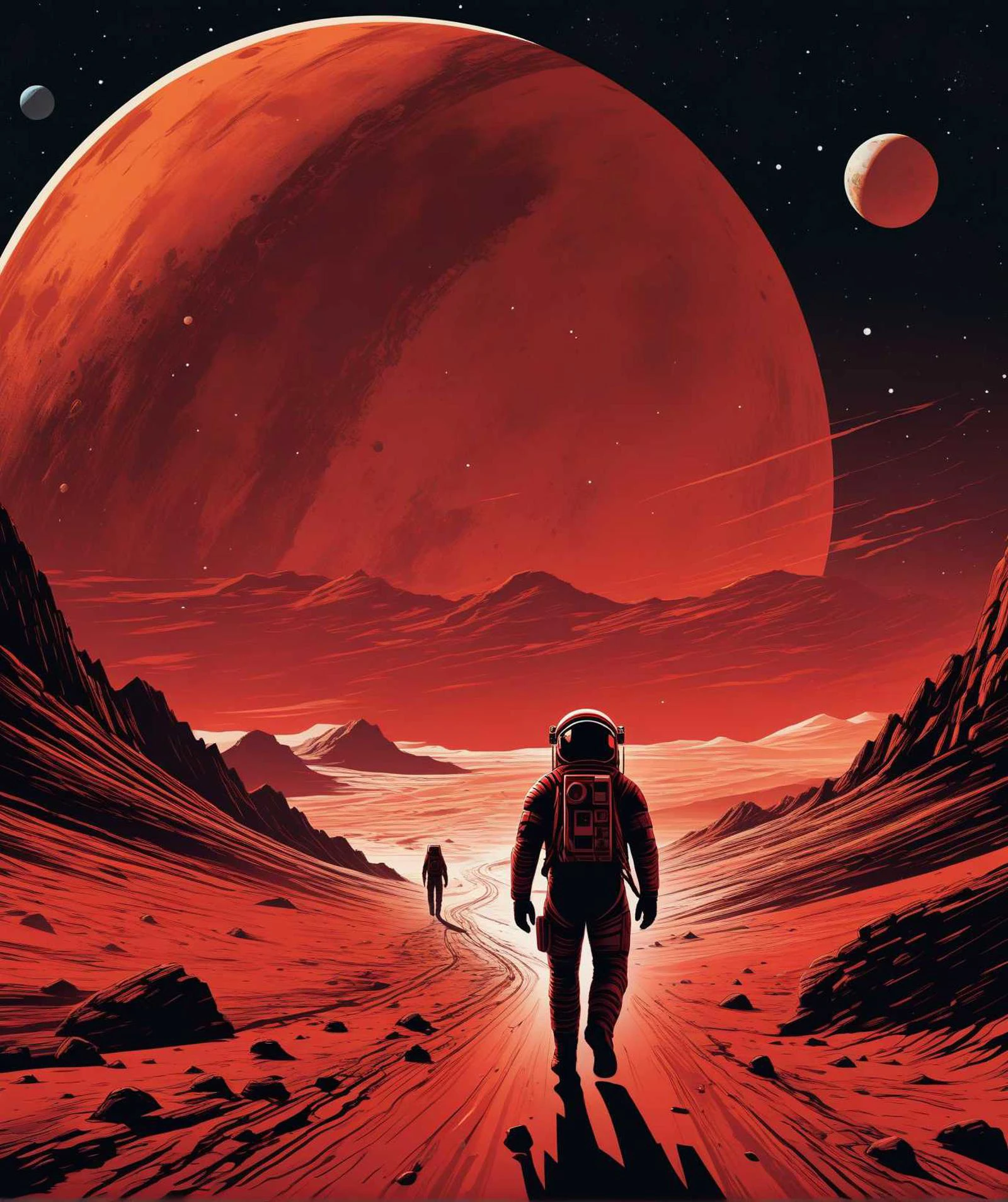 astronauta caminando sobre un planeta rojo con un planeta rojo al fondo, arte del cartel inspirado en Dan Mumford, presentado en Behance, arte espacial, en el estilo de la obra de dan mumford, en el estilo artístico de dan mumford, ilustración de ciencia ficción, (arte de darwyn cooke)