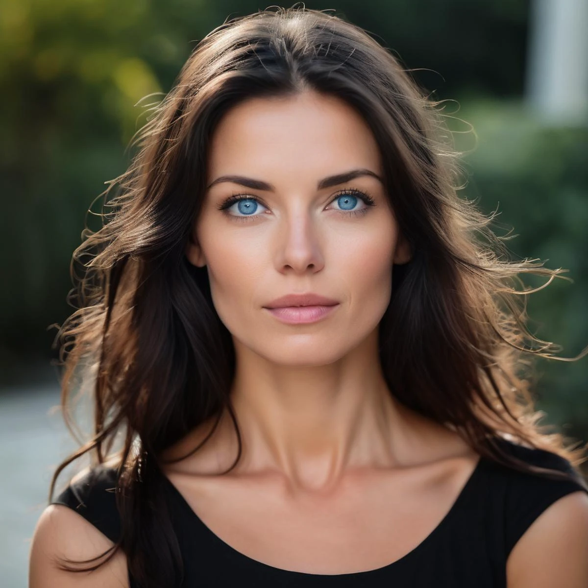 schönes 35-jähriges Mädchen , Nahaufnahmeporträt, blaue Augen, Sehr langes schwarzes Haar, Hohe Auflösung, dlsr, 8k, 50mm