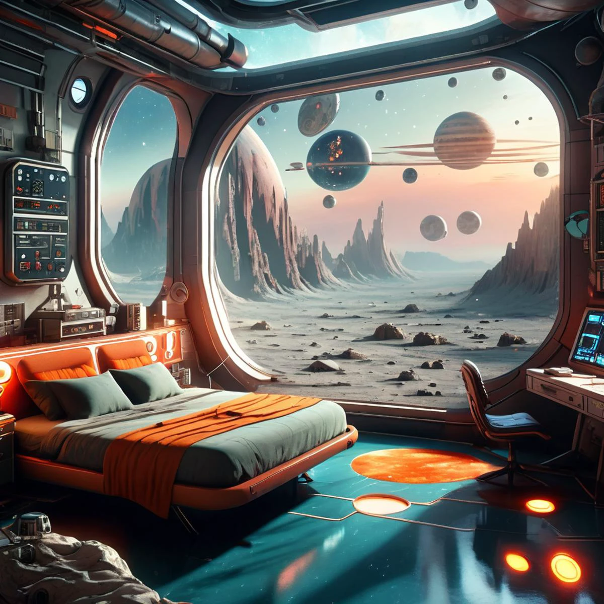 ein Retro-Schlafzimmer auf einer Raumstation, große Fenster, SICHT, Planeten, 