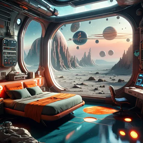 a retro bedroom on a space station, large windows, view, planets, <lora:retro fashion cyberpunk style:1>